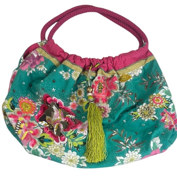Accessorize Italian Venetian Green Pink Tote Shoulder Bag Tassel Bead Sequin - Picture 1 of 11